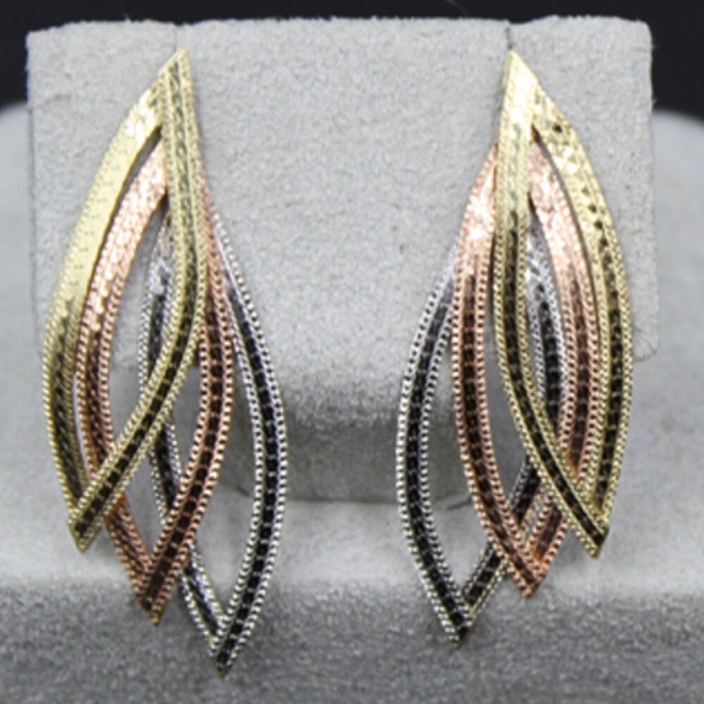 14K Tricolor Gold Dangle Drop Earrings - Gold Leaves Design - 1.5 in (12.7 mm)